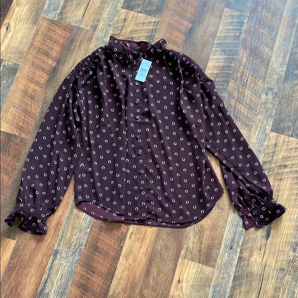 NEW 🛍️ SIZE XS Ann Taylor long sleeve sheer horse bit blouse maroon